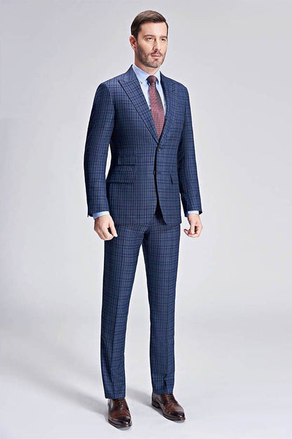 Small Checked Pattern Gentle Mens Suits Peak Lapel Blue Suits for Men