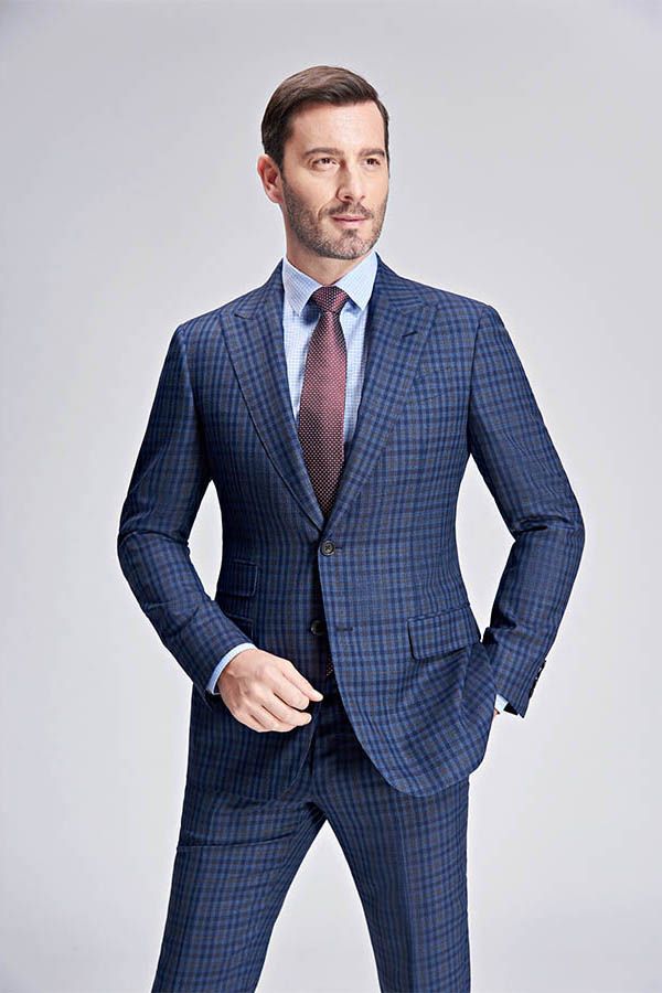 Small Checked Pattern Gentle Mens Suits Peak Lapel Blue Suits for Men