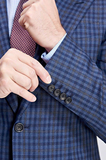 Small Checked Pattern Gentle Mens Suits Peak Lapel Blue Suits for Men