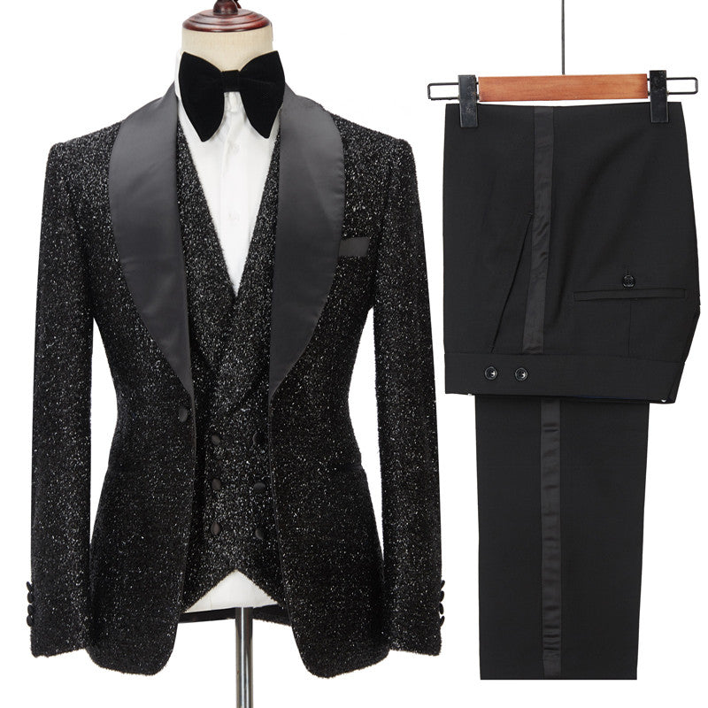 Sparkly Black 3-Piece Shawl Lapel Wedding Tuxedo