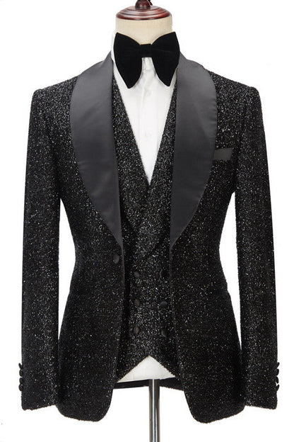 Sparkly Black 3-Piece Shawl Lapel Wedding Tuxedo