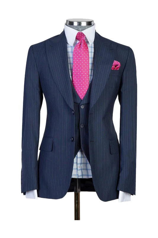 Dark Navy 3 Piece Pinstripe Peak Lapel Suit