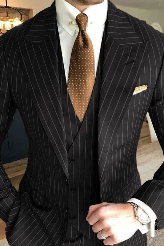 Black Striped Peaked Lapel Three Piece Wedding Suits