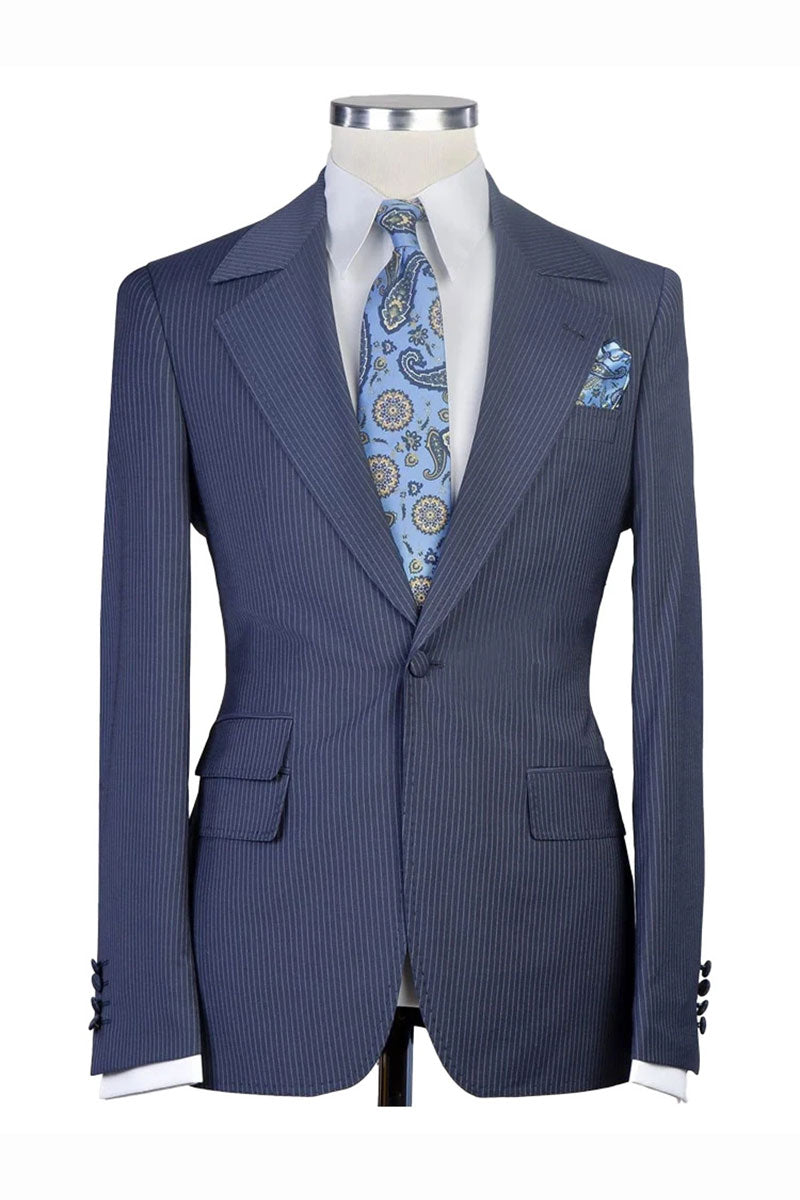 Navy Blue Striped Notch Lapel 3-piece Classic Suit