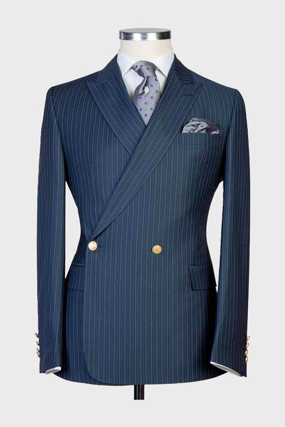 Navy Blue 2 Piece Striped Double Breasted Suit