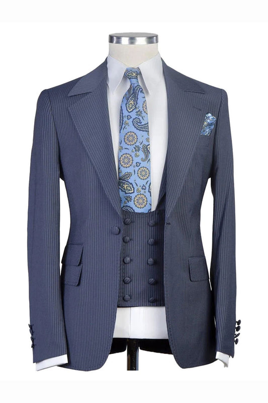 Navy Blue Striped Notch Lapel 3-piece Classic Suit