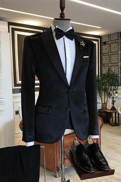 Stylish Black Peaked Lapel Velvet 2-piece Suit