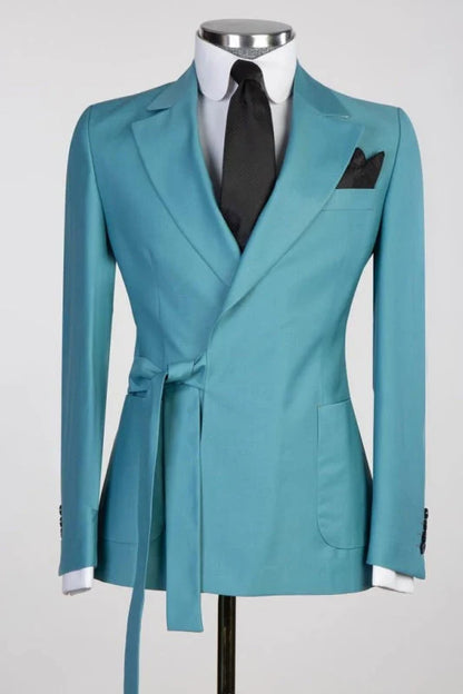 Lake Blue Notched Lapel Two Pieces Prom Suits with Belt Slim Fit