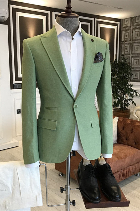 Elegant Green Peaked Lapel One-Button Formal Prom and Business Suits