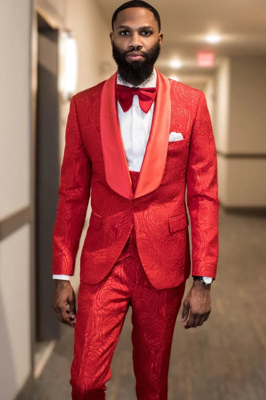 Jacquard One-button 3-Piece Tuxedo in Red