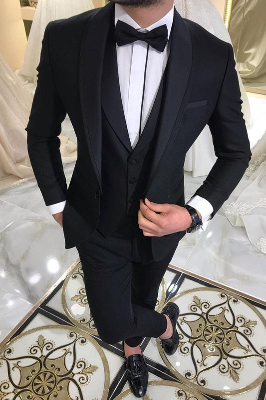 Three-piece Black Suit for Groom Shawl Lapel Wedding Tuxedo