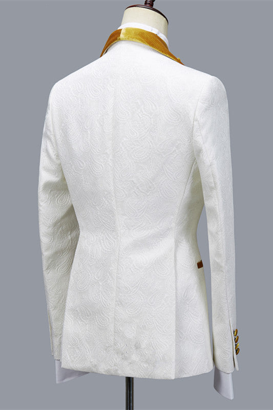 White Jacquard Wedding 3-piece Suit with Velvet Lapel