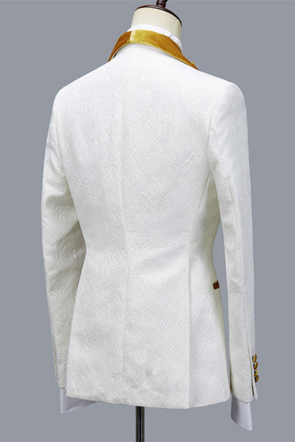 White Jacquard Wedding 3-piece Suit with Velvet Lapel