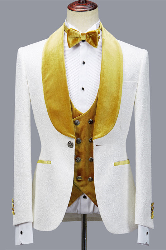 White Jacquard Wedding 3-piece Suit with Velvet Lapel