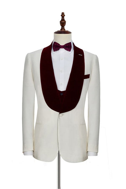 Velvet Shawl Lapel White Wedding Tuxedos Three Piece with Burgundy Vest