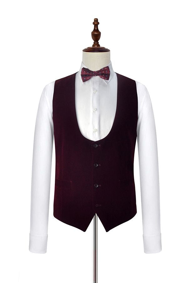 Velvet Shawl Lapel White Wedding Tuxedos Three Piece with Burgundy Vest