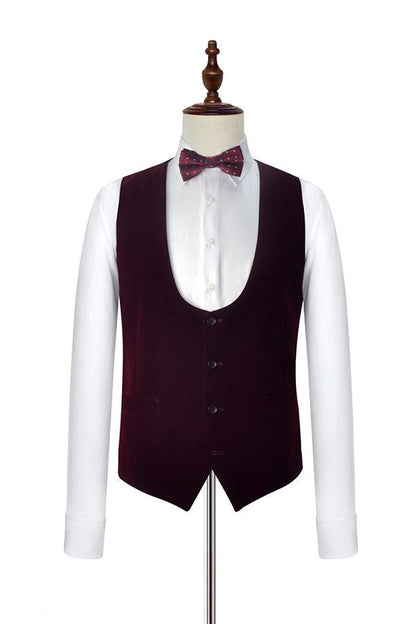 Velvet Shawl Lapel White Wedding Tuxedos Three Piece with Burgundy Vest