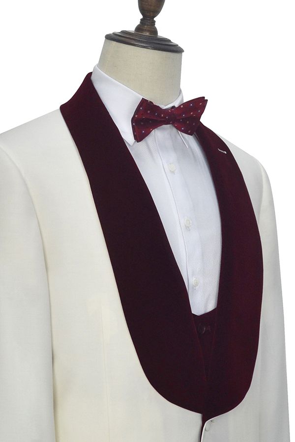 Velvet Shawl Lapel White Wedding Tuxedos Three Piece with Burgundy Vest