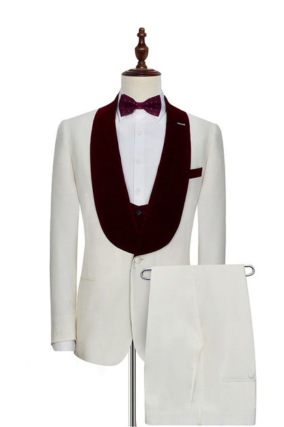 Velvet Shawl Lapel White Wedding Tuxedos Three Piece with Burgundy Vest