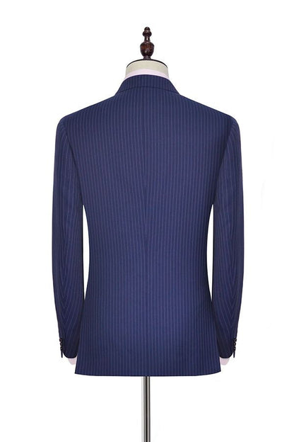 Striped Peak Lapel Mens Suits for Business Two Buttons Navy Blue