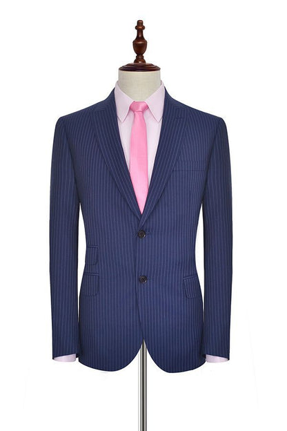 Striped Peak Lapel Mens Suits for Business Two Buttons Navy Blue