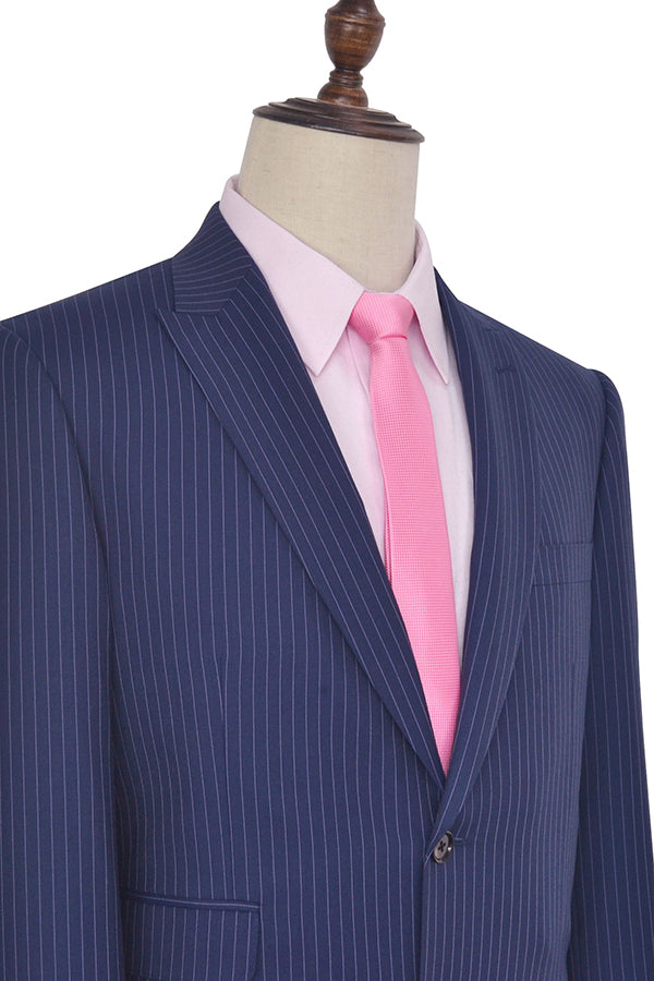 Striped Peak Lapel Mens Suits for Business Two Buttons Navy Blue