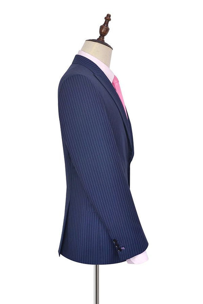 Striped Peak Lapel Mens Suits for Business Two Buttons Navy Blue