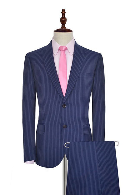 Striped Peak Lapel Mens Suits for Business Two Buttons Navy Blue