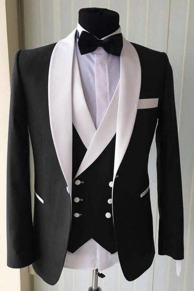 Wedding Groom White Shawl Lapel Classic 3 Piece Black Men Suit