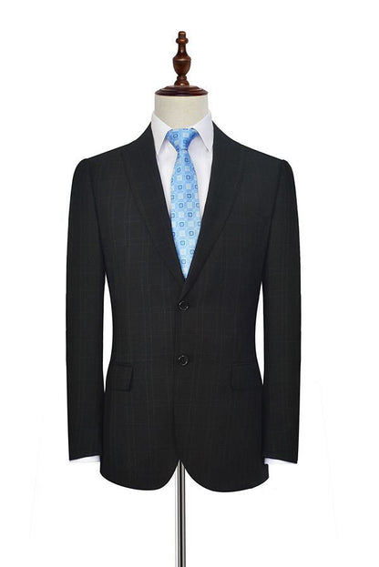 Well-cut Peak Lapel Plaid Two Button Black Mens Suits for Business