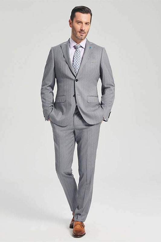 Well-cut Stripes Grey Suits Two Buttons Peak Lapel Business Mens Suits