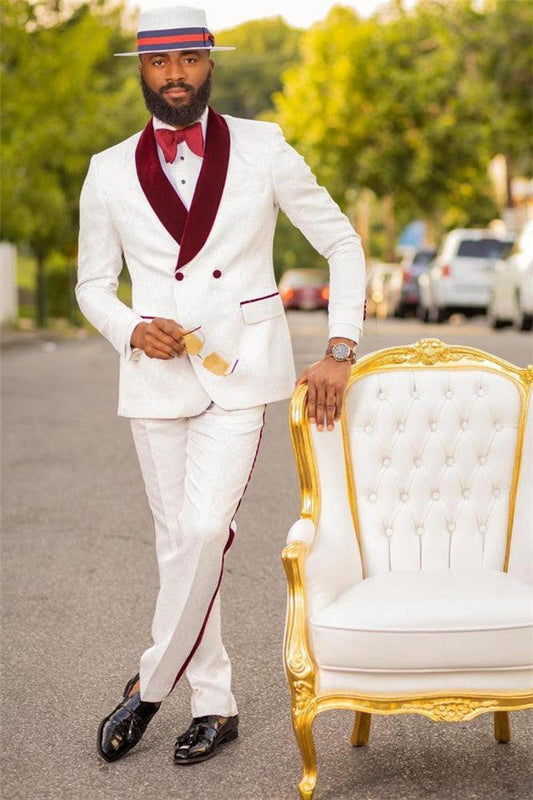 White Jacquard Double Breasted Wedding Suit with Burgundy Lapel