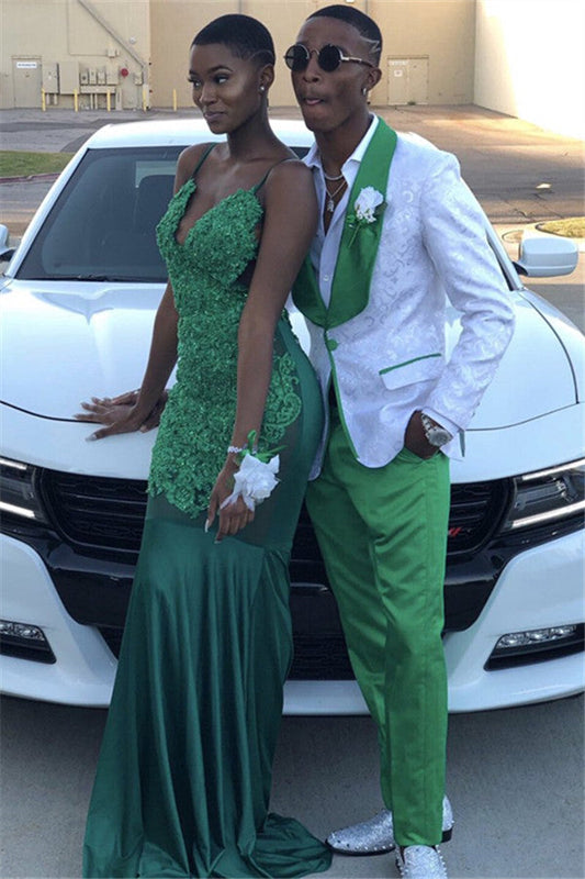 White Jacquard One Button Prom Outfits with Green Lapel