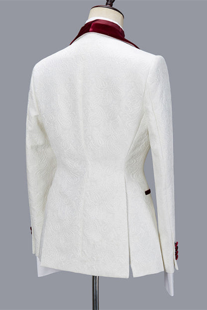 White Jacquard 3-piece Wedding Groom Men Suit
