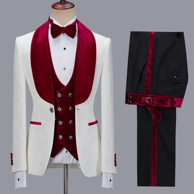 White Jacquard 3-piece Wedding Groom Men Suit
