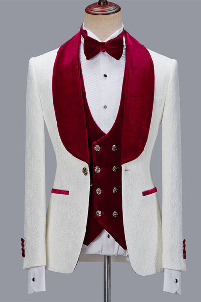 White Jacquard 3-piece Wedding Groom Men Suit
