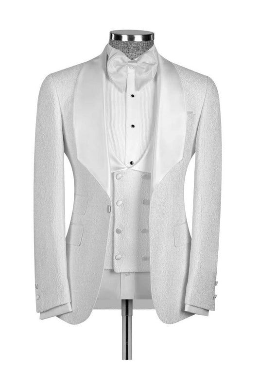 White 3 Piece Jacquard Shawl Lapel Wedding Tuxedo