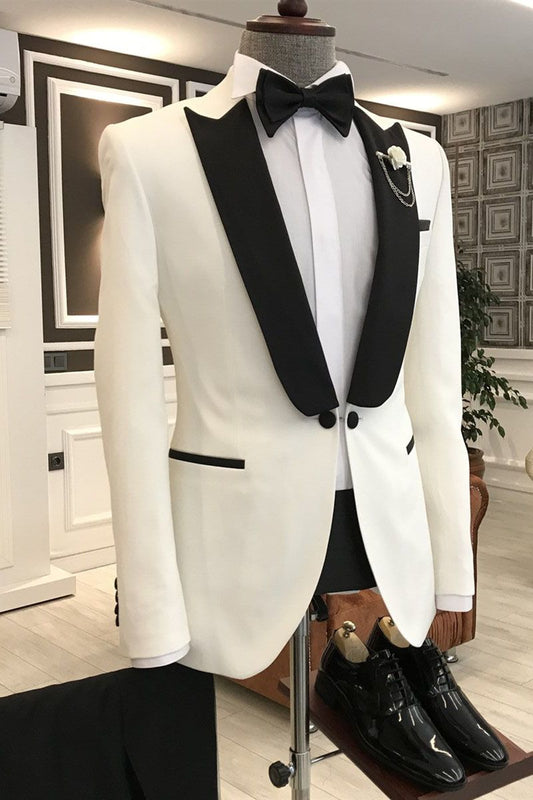 White Mixed Black Peaked Lapel One Button Slim Fit Prom Men Suit