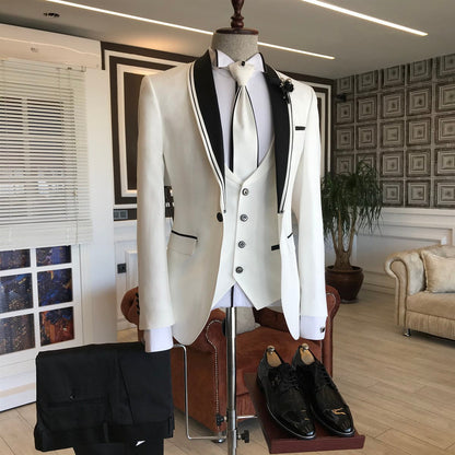 White Bespoke 3-piece Suit with Black Shawl Lapel