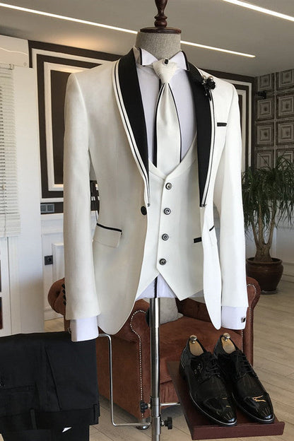 White Bespoke 3-piece Suit with Black Shawl Lapel