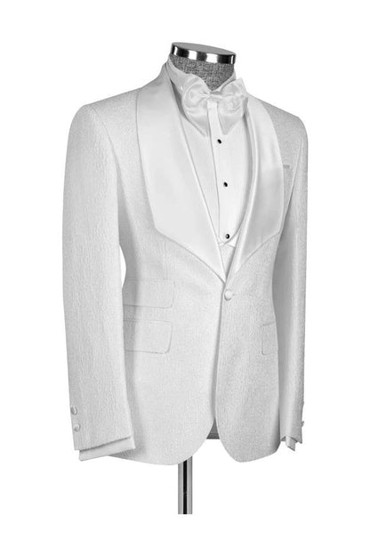 White 3 Piece Jacquard Shawl Lapel Wedding Tuxedo