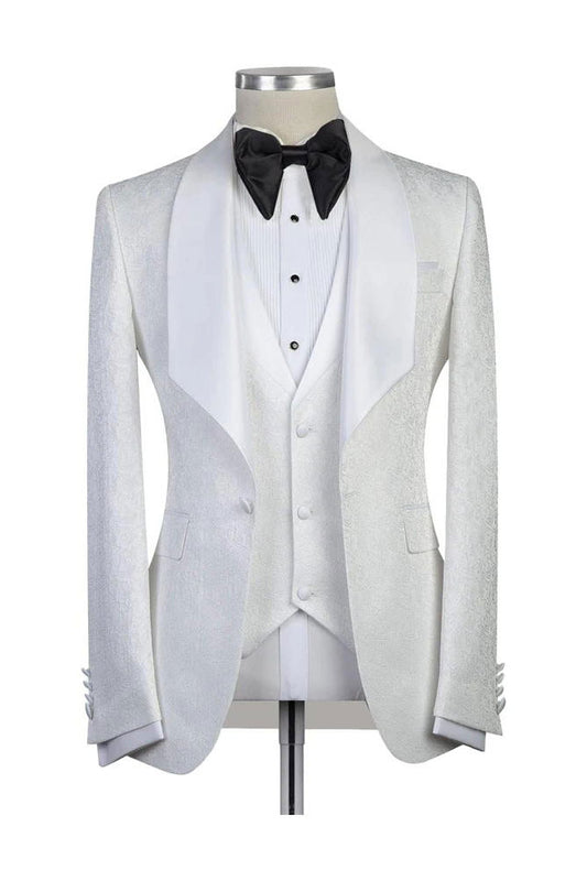 White 3 Piece Bespoke Jacquard Shawl Lapel Wedding Tuxedo