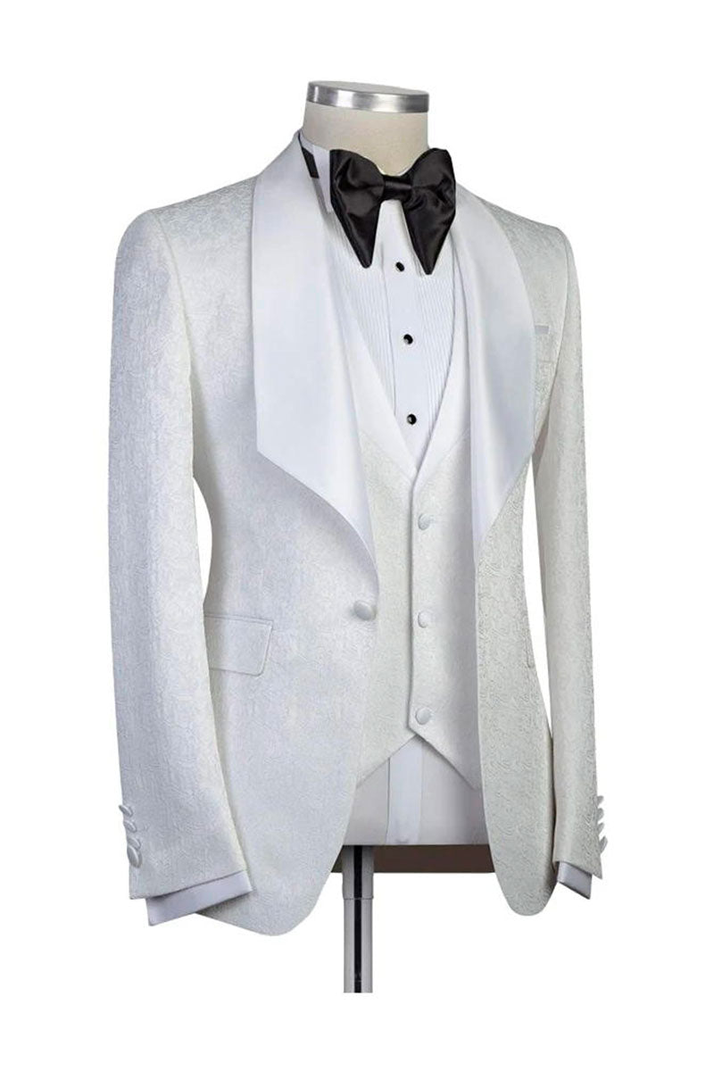White 3 Piece Bespoke Jacquard Shawl Lapel Wedding Tuxedo