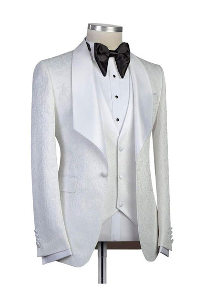 White 3 Piece Bespoke Jacquard Shawl Lapel Wedding Tuxedo