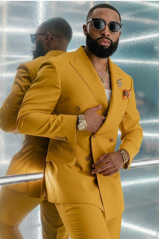 Yellow Double Breasted Peaked Lapel Men Suits for Prom