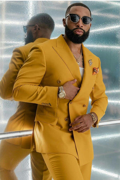 Yellow Double Breasted Peaked Lapel Men Suits for Prom