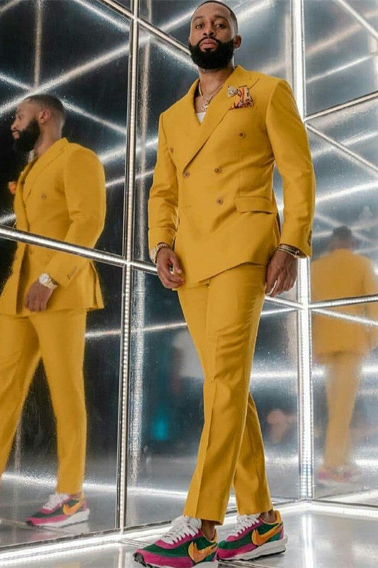 Yellow Double Breasted Peaked Lapel Men Suits for Prom