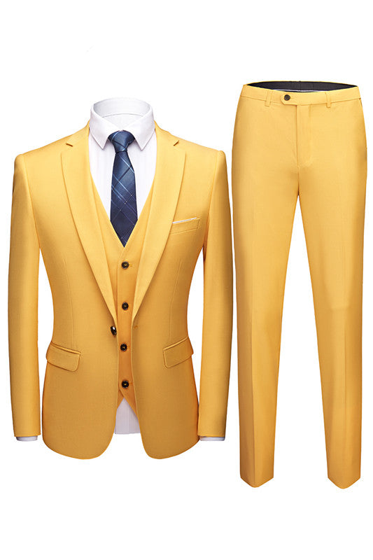 Yellow Notched Lapel Three Pieces Slim Fit Suits for Men