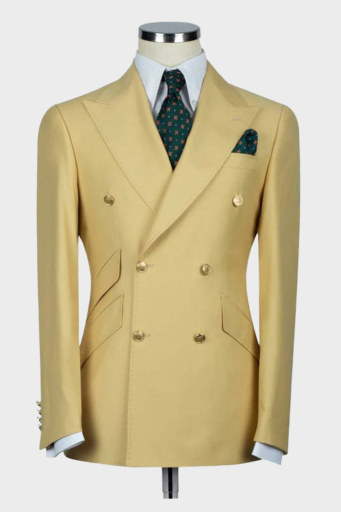 Designer Yellow Peak Lapel Double Breasted Suit for Prom